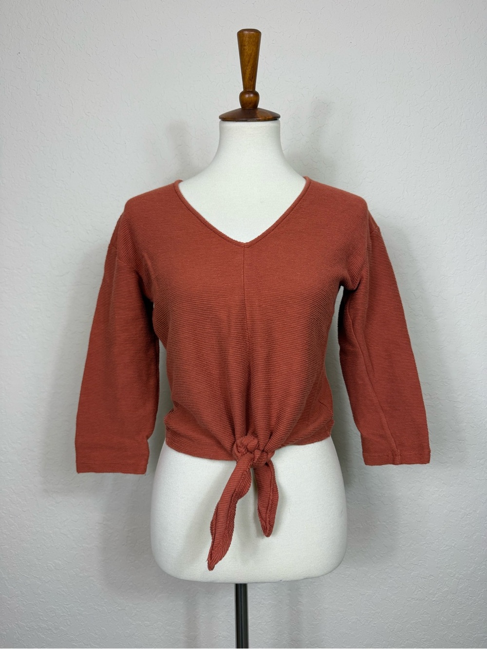 Madewell Rust Orange Tie Front Crop Top 3/4 Sleeve Ribbed Knit Stretch Cotton